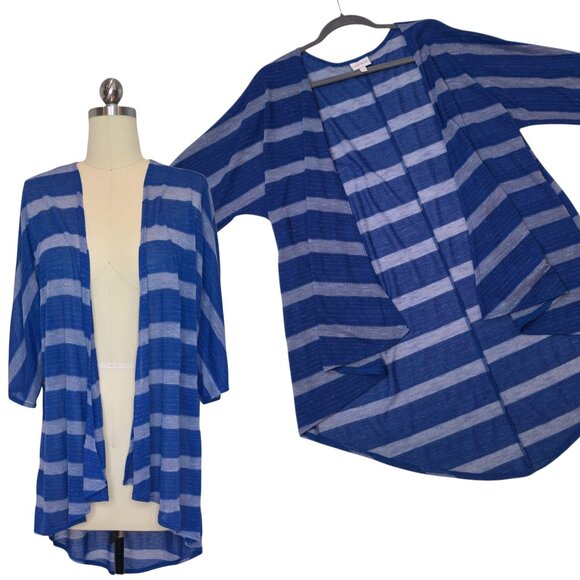 LuLaRoe Lindsay Kimono Small Blue Stripe Lightweight Sweater Knit Coverup - Picture 1 of 8